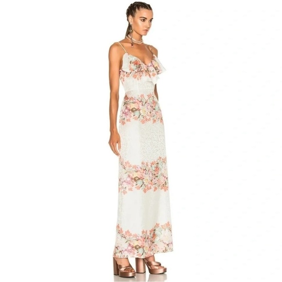 LPA Silk Ruffle Floral Leopard Maxi Sleeveless Dress Women XS White - Picture 3 of 12